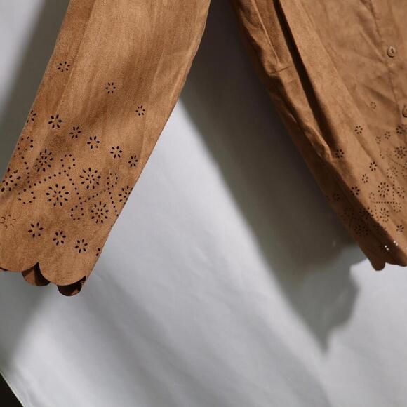 VTG Faux Suede Laser Cut Brown Button Up‎ Western Top Shacket Rodeo Cowgirl XL - Picture 3 of 7